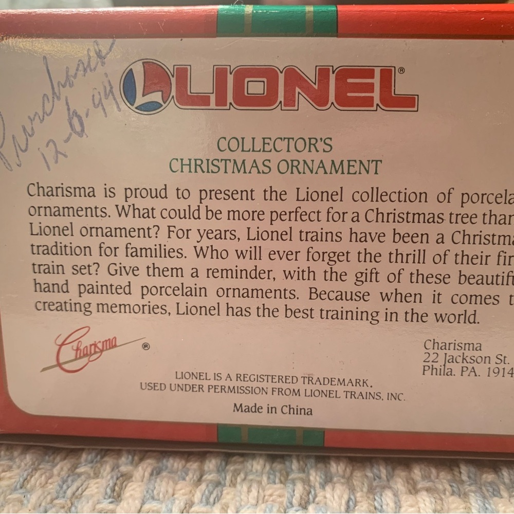 Lionel Collectors Christmas Train Ornament 37-619 Fine Porcelain 1994 VGUC - Picture 5 of 14